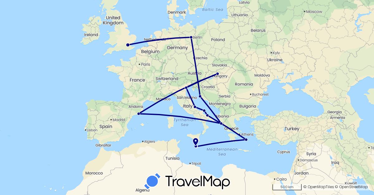 TravelMap itinerary: driving in Germany, Spain, United Kingdom, Greece, Hungary, Italy, Malta (Europe)